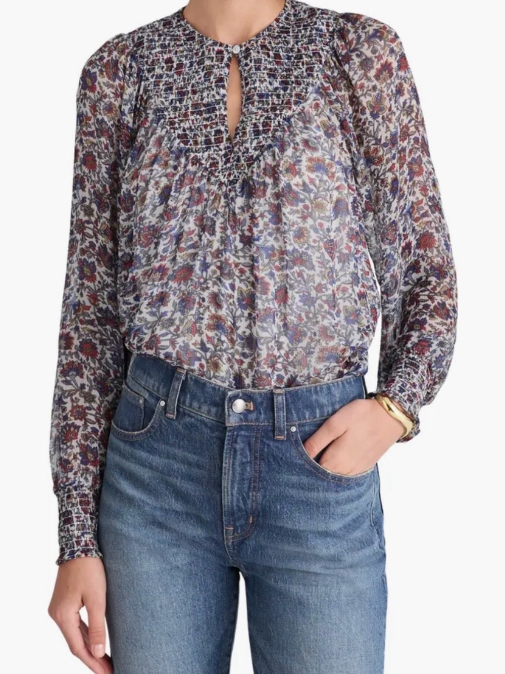 Madewell Smocked Split Crewneck Top Cherry Red Small